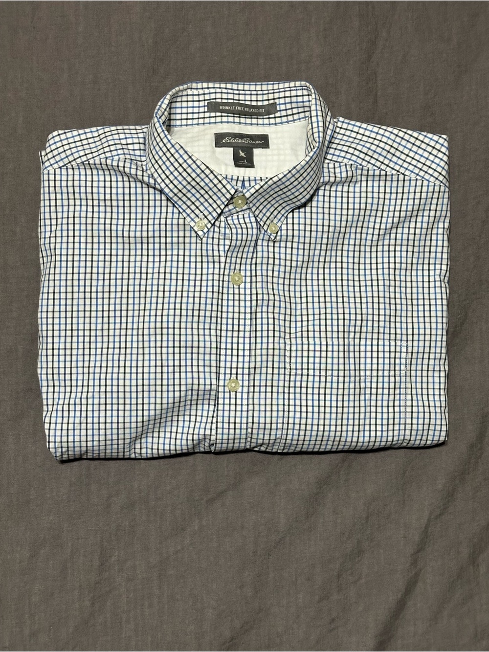 Eddie Bauer Wrinkle-Free White and Blue Checked Button-Down Shirt